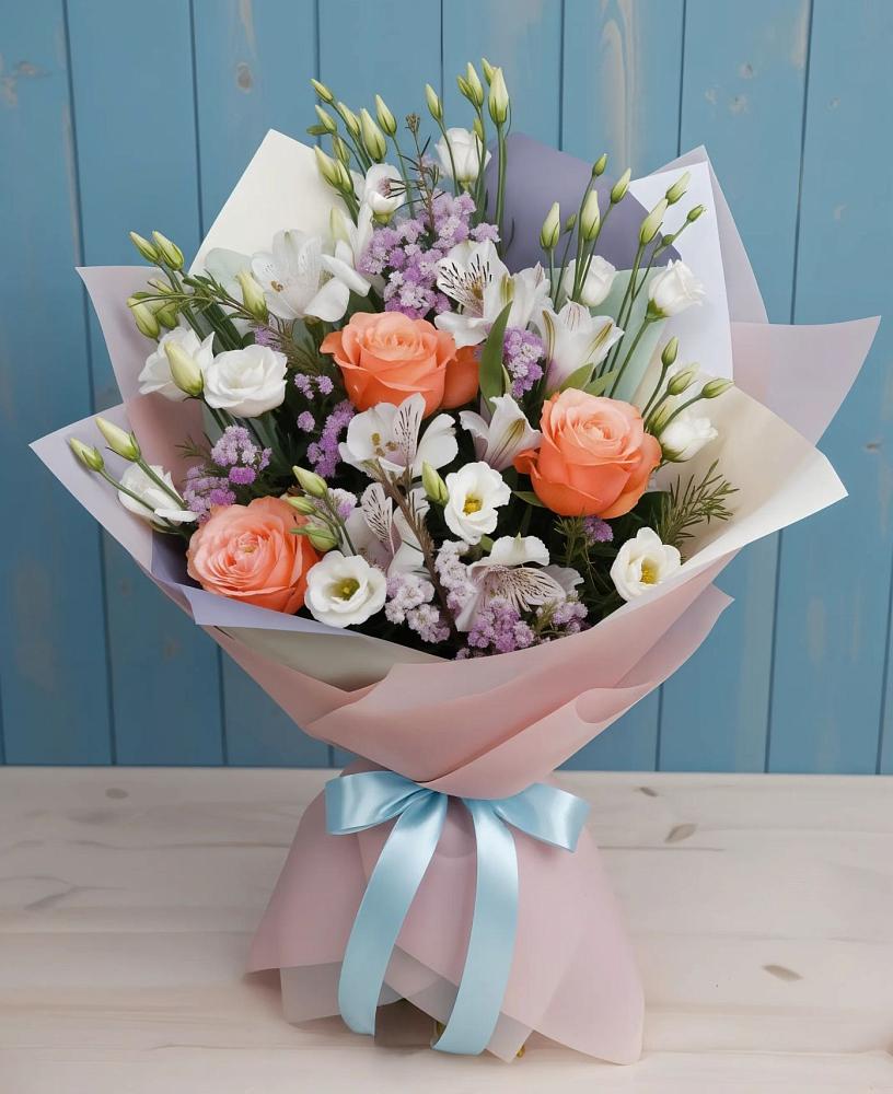 Букет цветов из: Лизиантусы, Розы, Альстромерии и Гипсофила в Нагорске