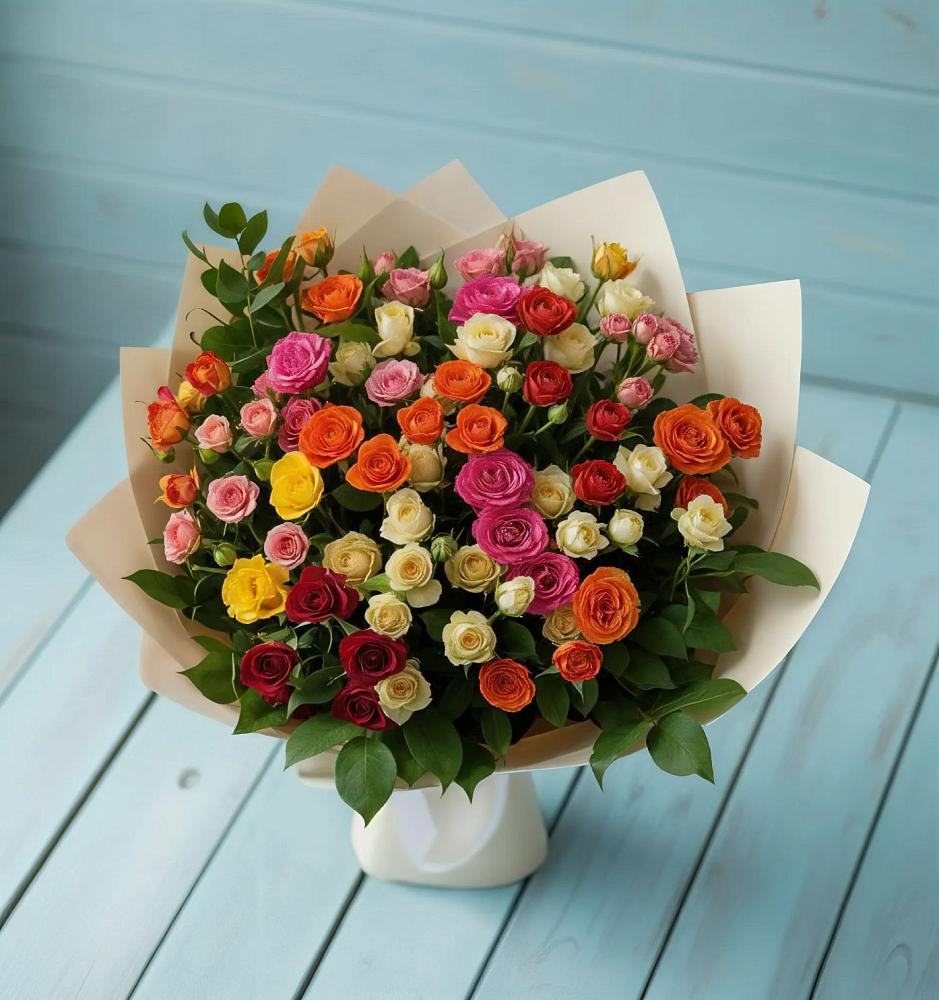 Букет Микс из разноцветных кустовых роз в Нагорске