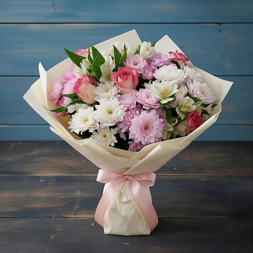 Букет цветов из: Хризантемы, Альстромерии и Розы в Нагорске